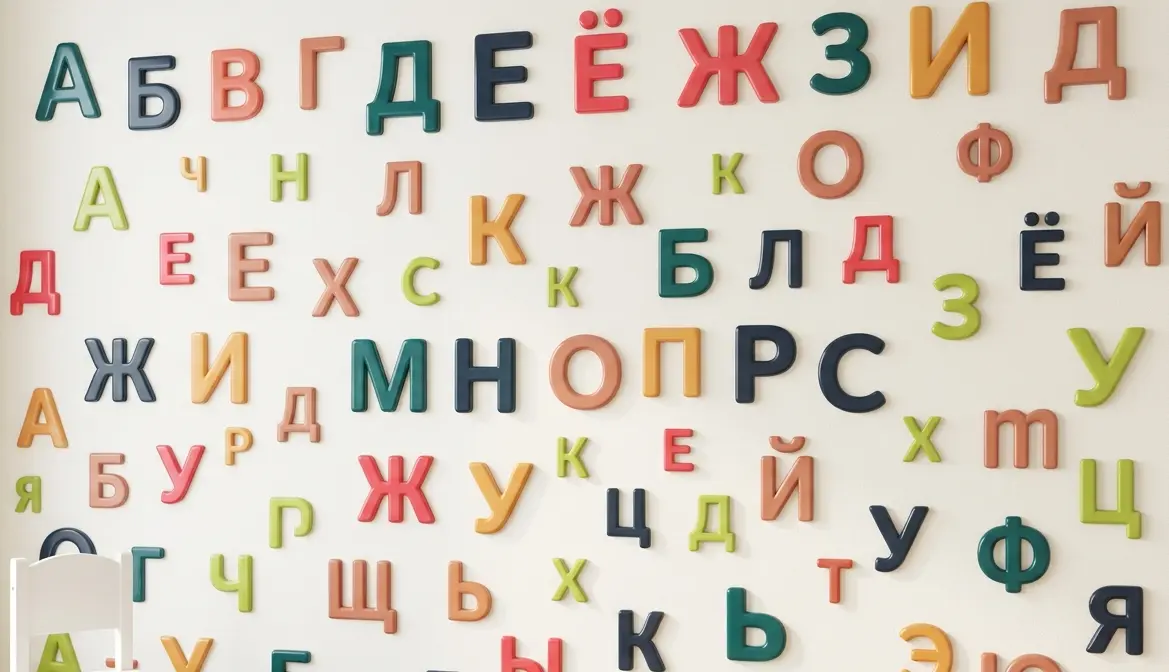 Красочные буквы русского алфавита на стене в кабинете логопеда